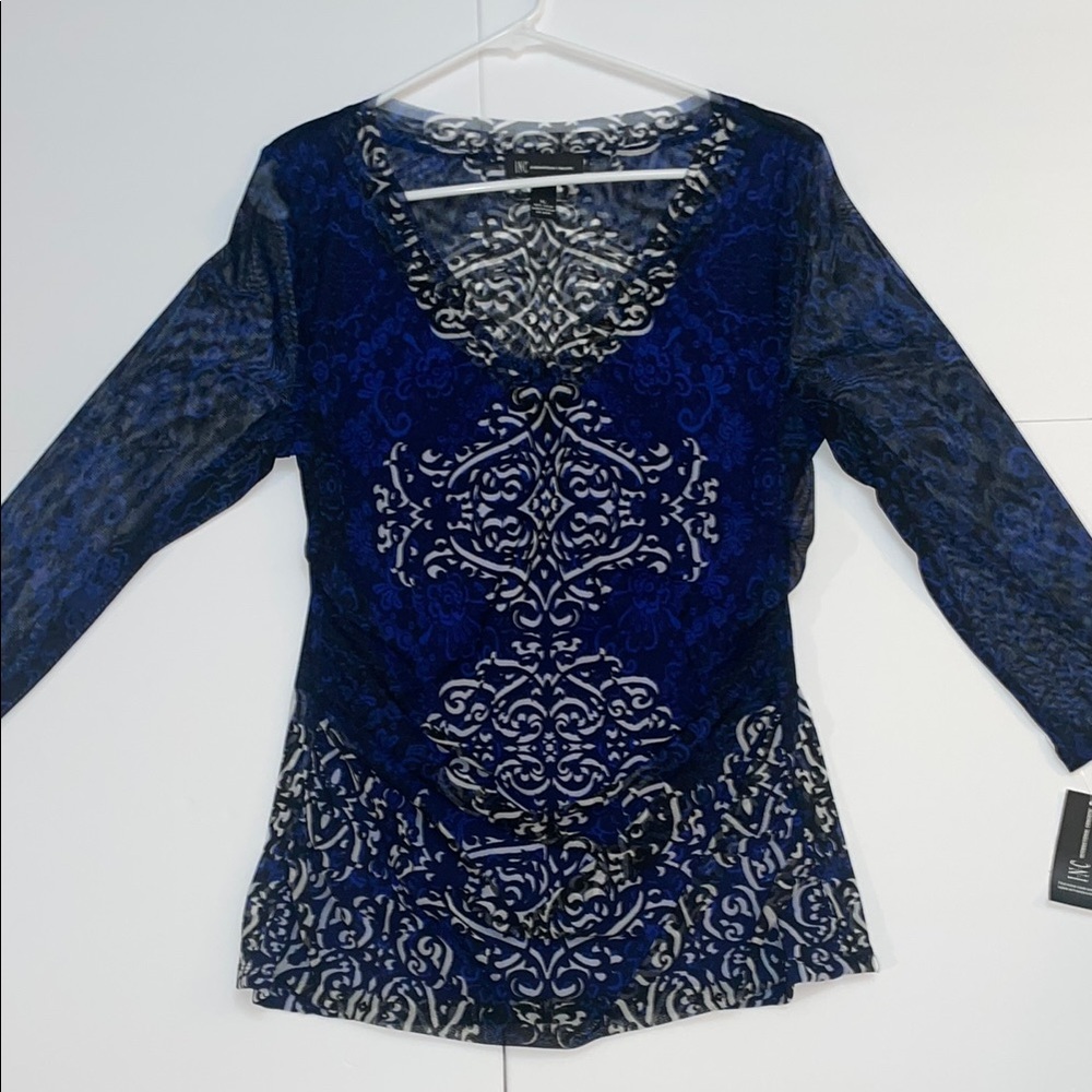INC International Concepts Blue Embellished 3/4 Sleeve Blouse